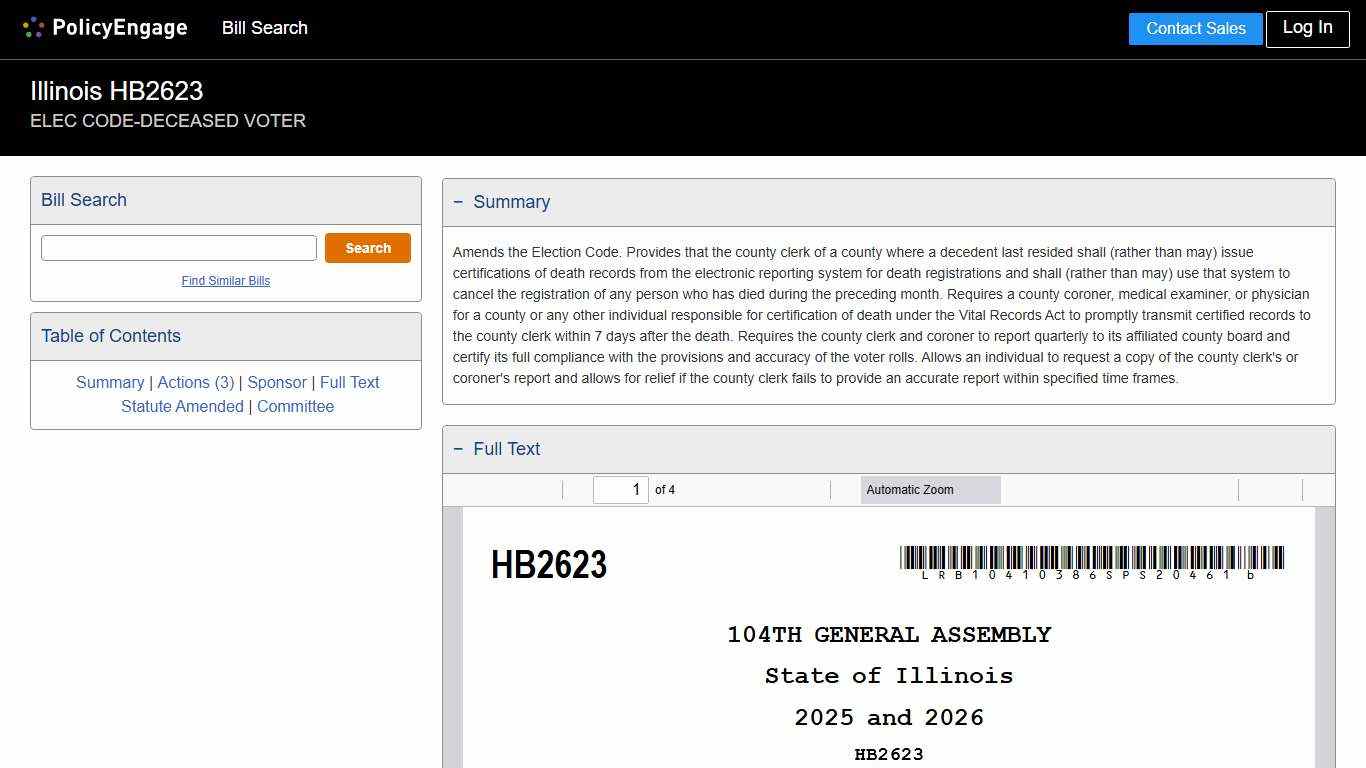 HB2623 Illinois 2025-2026 ELEC CODE-DECEASED VOTER - Legislative Tracking PolicyEngage